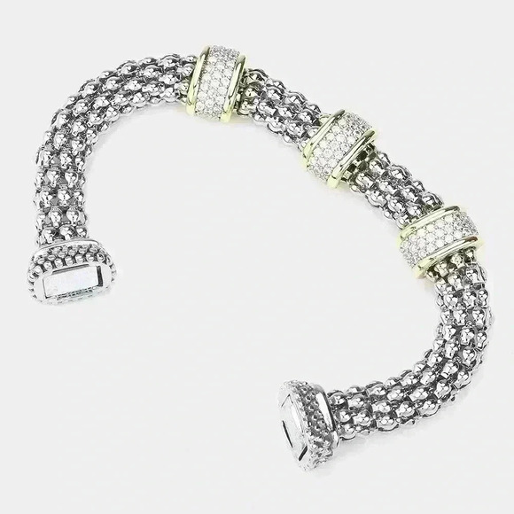 4️⃣0️⃣Two Tone Bracelet w/Three Pave Stations
& Magnetic Closure - Picture 4 of 4
